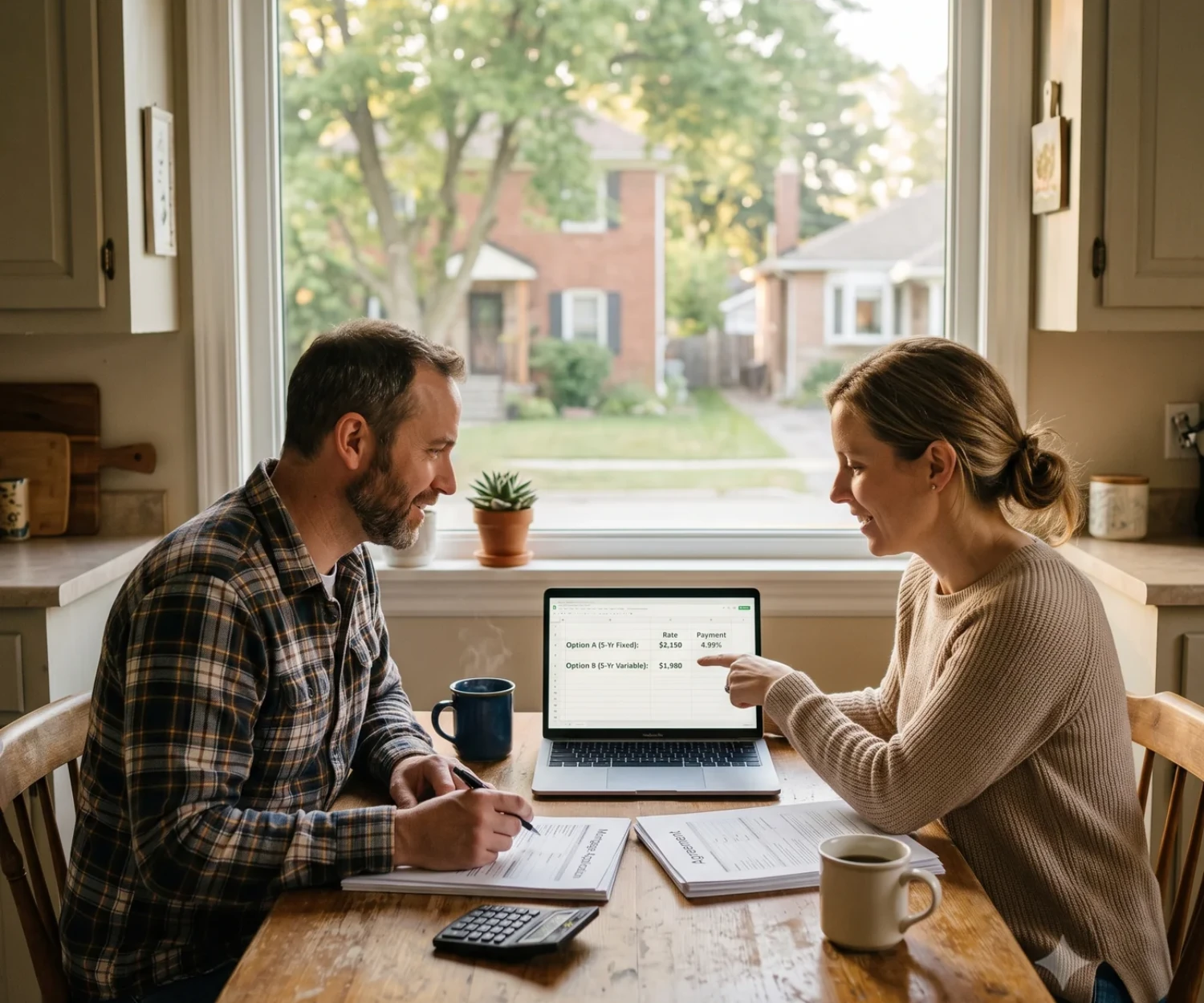 Couple at their kitchen table comparing two mortgage options with a broker spreadsheet