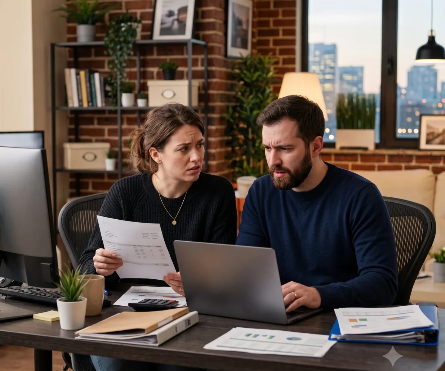 Young couple reviewing a statement and laptop at their home office desk