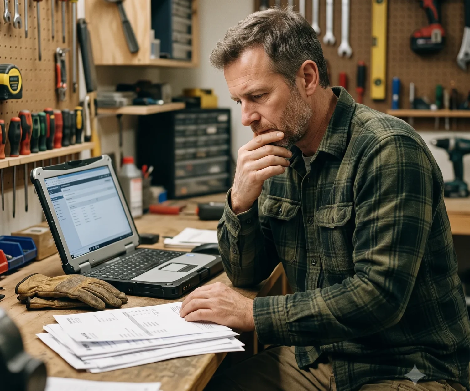 Self-employed tradesperson reviewing invoices at a workshop desk