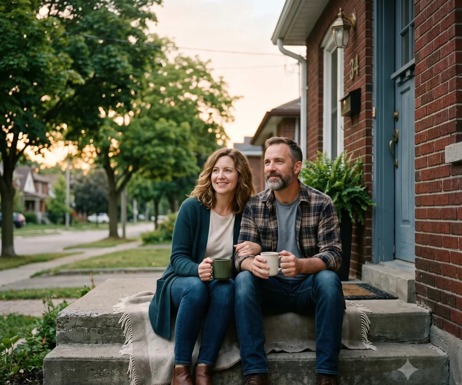 Couple with coffee on the front steps of their Ontario home at sunrise