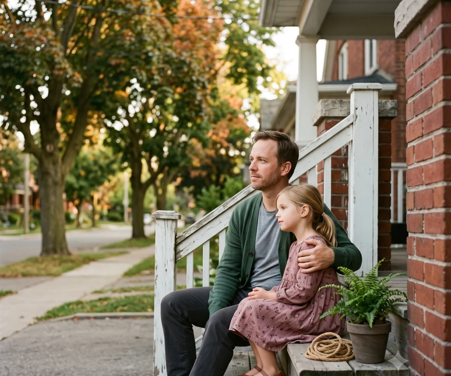 Parent and child sitting together on the porch of their Ontario home