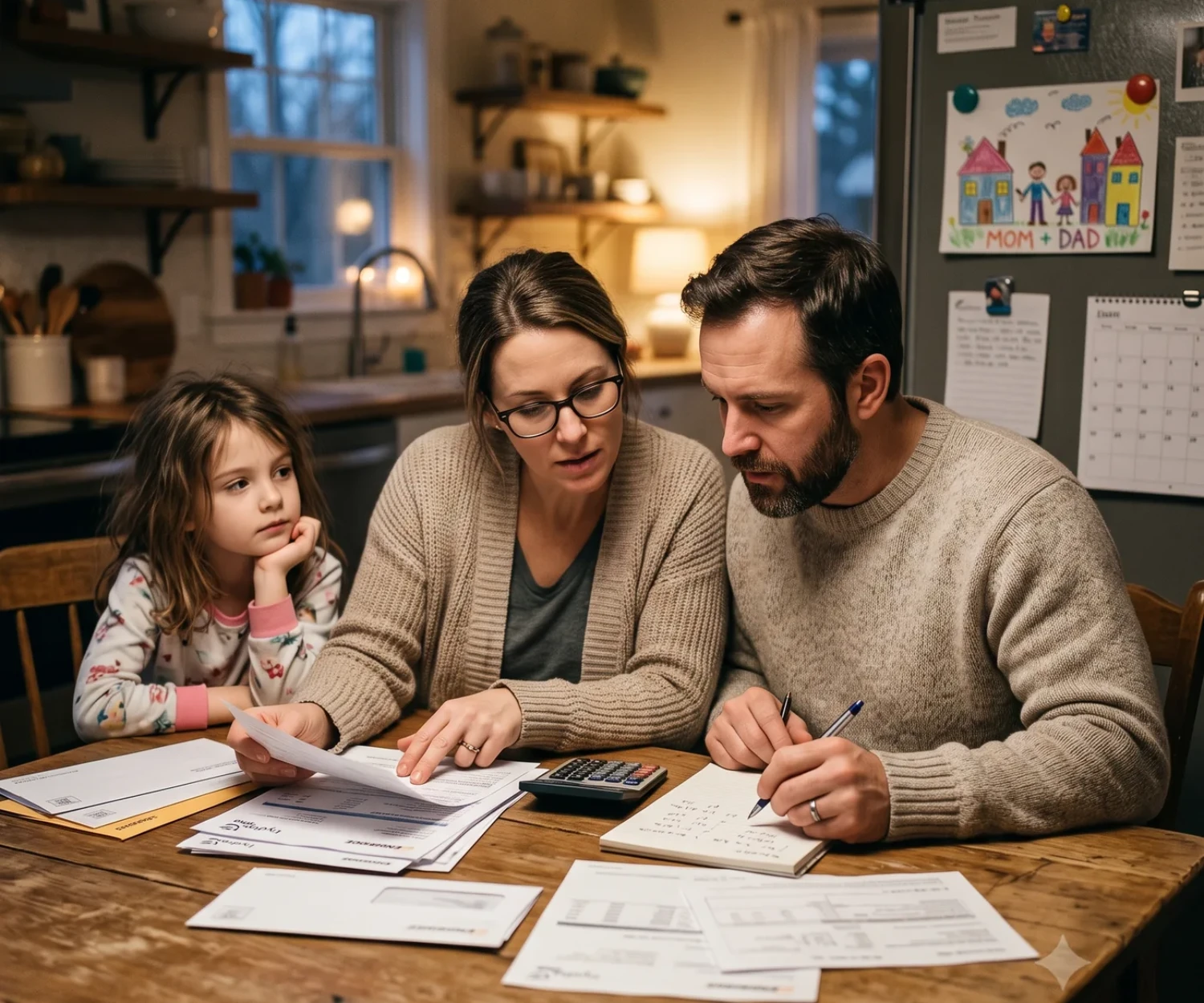 Family working through household bills together at the kitchen table