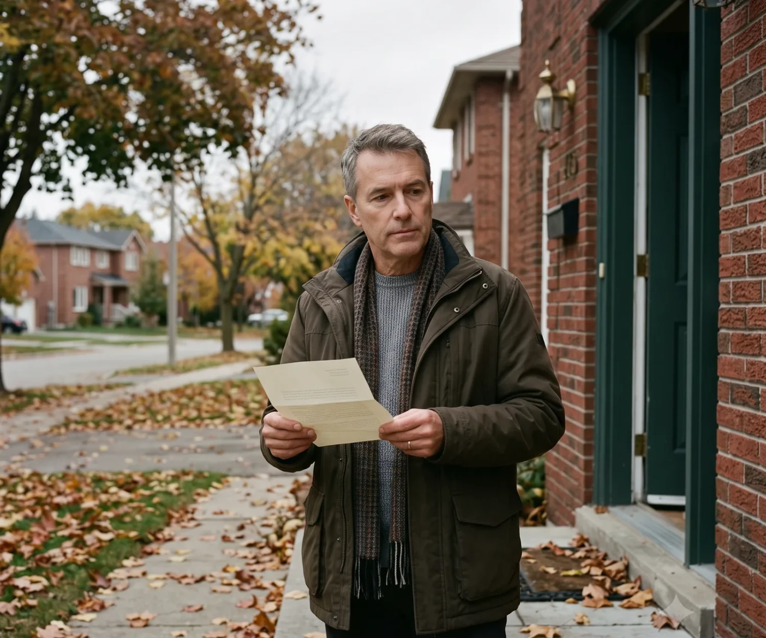 Homeowner reading a letter outside a brick Ontario home in autumn